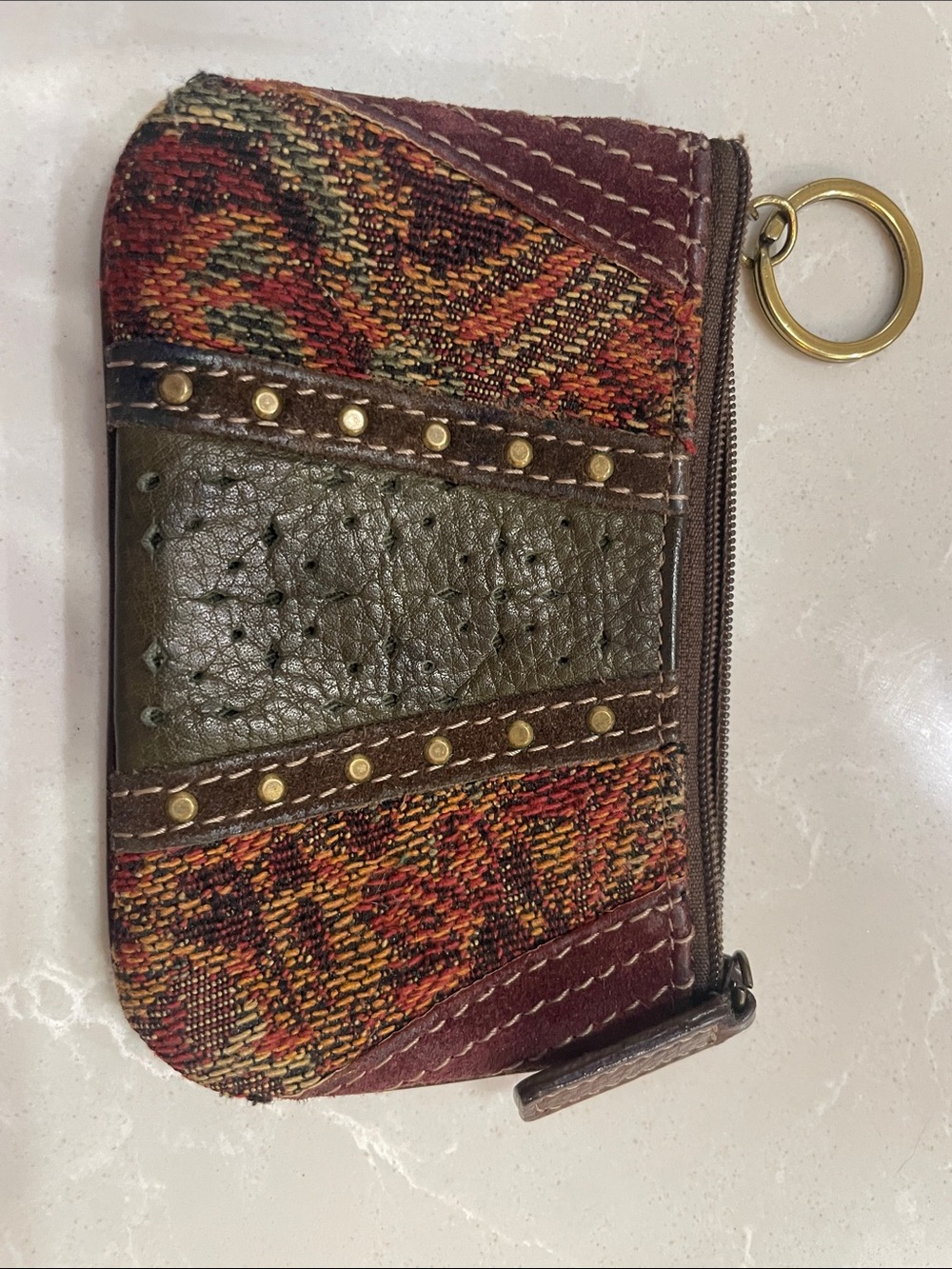 Boho Multicolor Woven Genuine Leather Zip Key Wallet